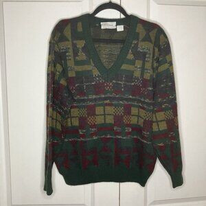 Vintage Treccani Sweater Mens Wool Blend V-neck Grandpa Green Knit  Geometric